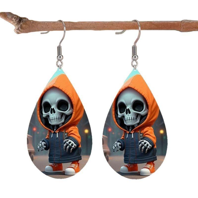 Hooded Themed Halloween Jacket Skull Pattern Droplet Shaped Earrings Acrylic