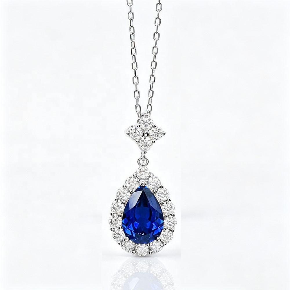 Women 925 Sterling Silver Pear Shape Lab Grown Emerald Ruby Blue Sapphire Necklace Engagement Wedding Waterdrop Pendant Jewelry