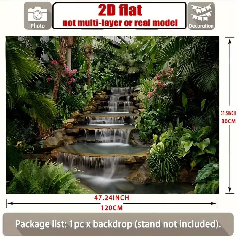 2D Garden Waterfall Backdrop, Tropical Plants & Cascading Waterfall Background Cloth