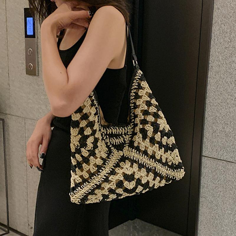 Women's Woven Straw Shoulder Bag Medium Size Handbag With Handle For Beach Vacation KTY