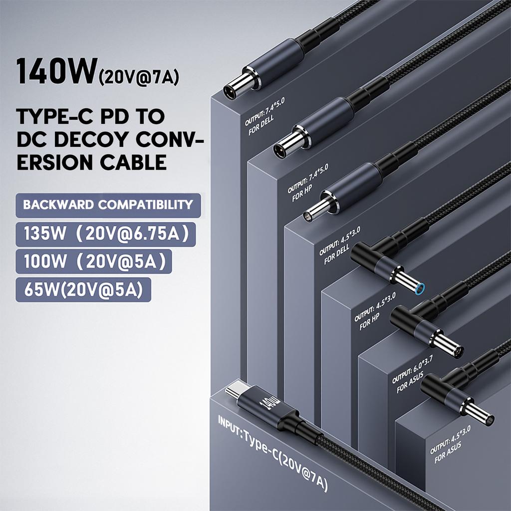 140 Вт PD USB Type C штекер постоянного тока 5,5x2,5 мм/5,5x2,1 мм/4,5x3,0 мм/6,0x3,7 мм/7,4x5,0 мм кабель для зарядки ноутбука
