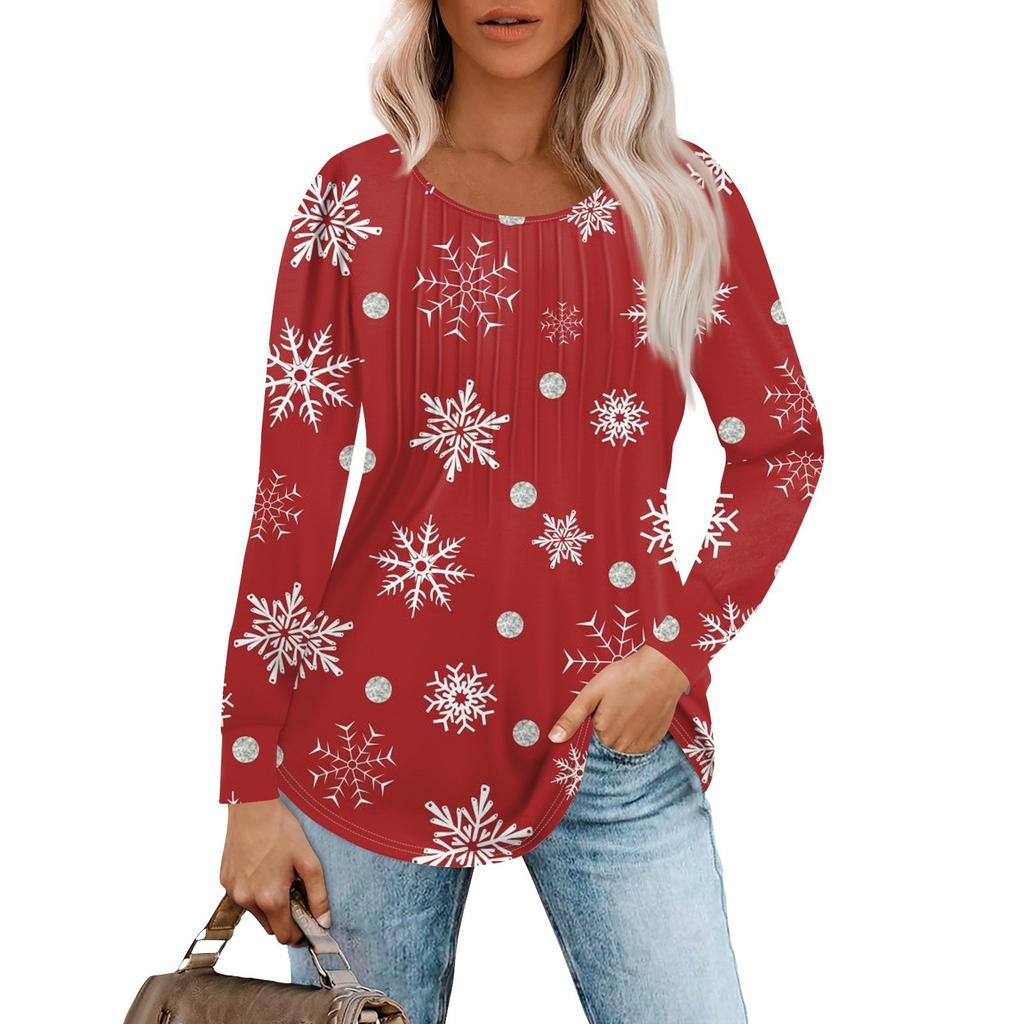 Женская повседневная футболка с круглым вырезом и длинными рукавами с рождественским принтом и складками