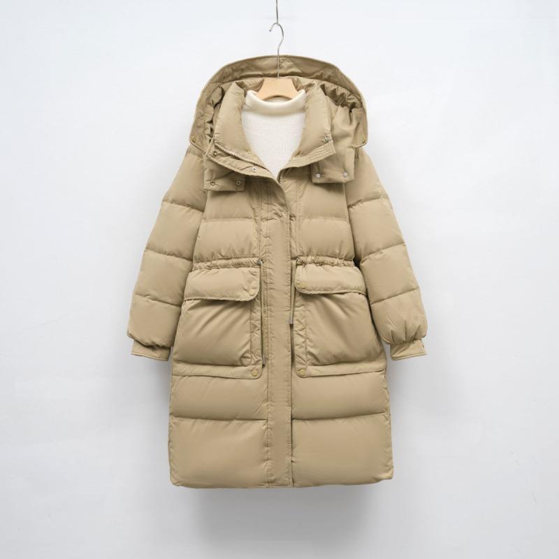 Зимняя куртка средней длины и длинная свободного кроя с белым утиным пухом, модная, теплая на талии, с капюшоном, пуховик женский