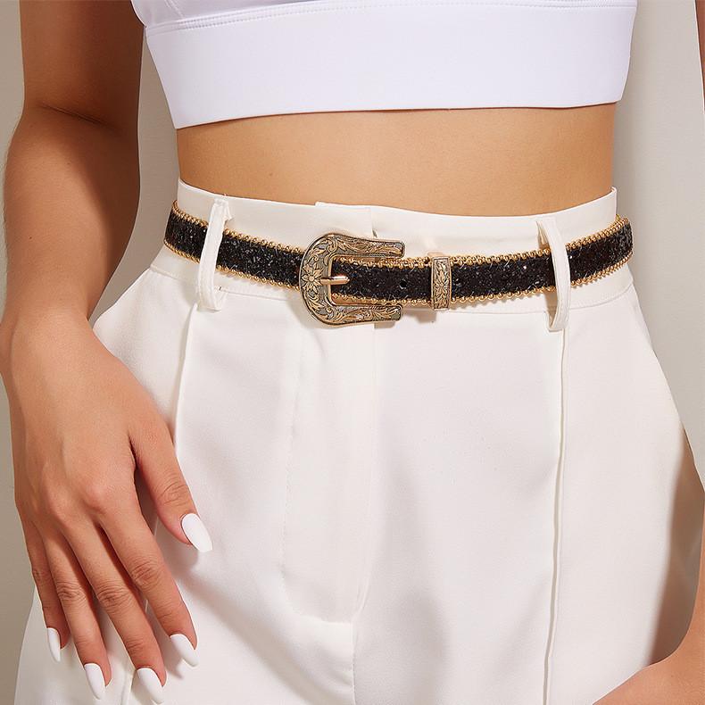 Женский ремень с резной пряжкой в стиле Ins из ПУ кожи, модный пояс для талии, европейский и американский стиль, блестящий, для узких джинсов