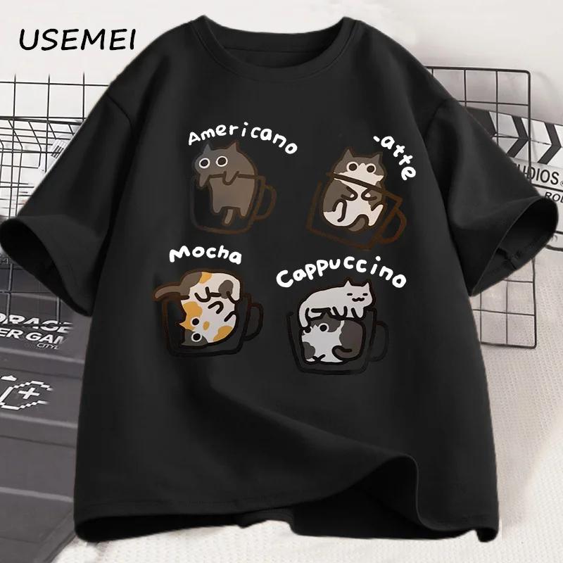 Funny Cute Coffee Cat Tshirt for Women Men Fashion Loose Short Sleeve T-shirt Mocha Latte Cat Humor Cat Lover T Shirt