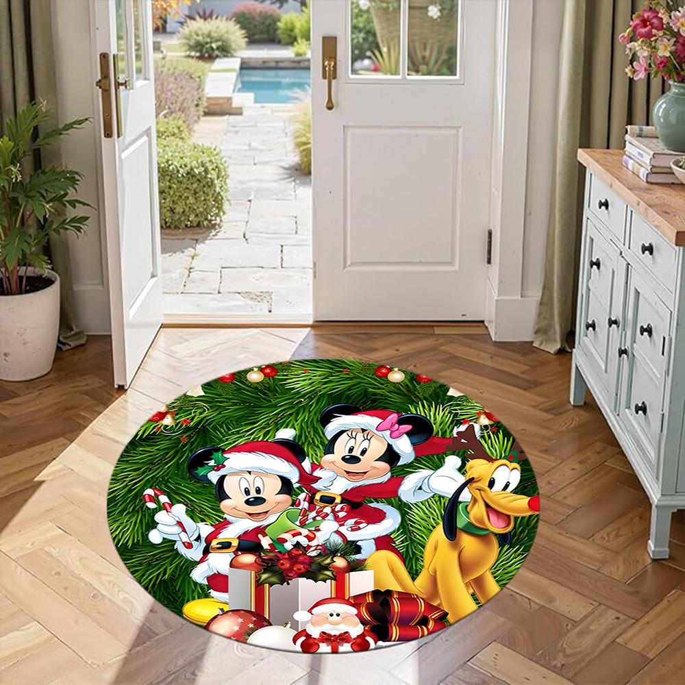 Christmas Mickey Minnie Round Floor Mat Suitable for Foyer Decorate room Hallway Balcony Antislip Round Carpet Anime Office Decor