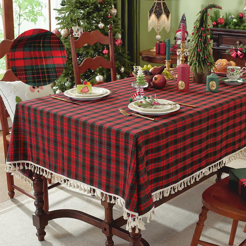 25 Custom-Dyed Polyester-Cotton Festive Christmas Red Grid Gold Silk Decorative Fringed Coffee Table Tablecloth Dining Table Cloth