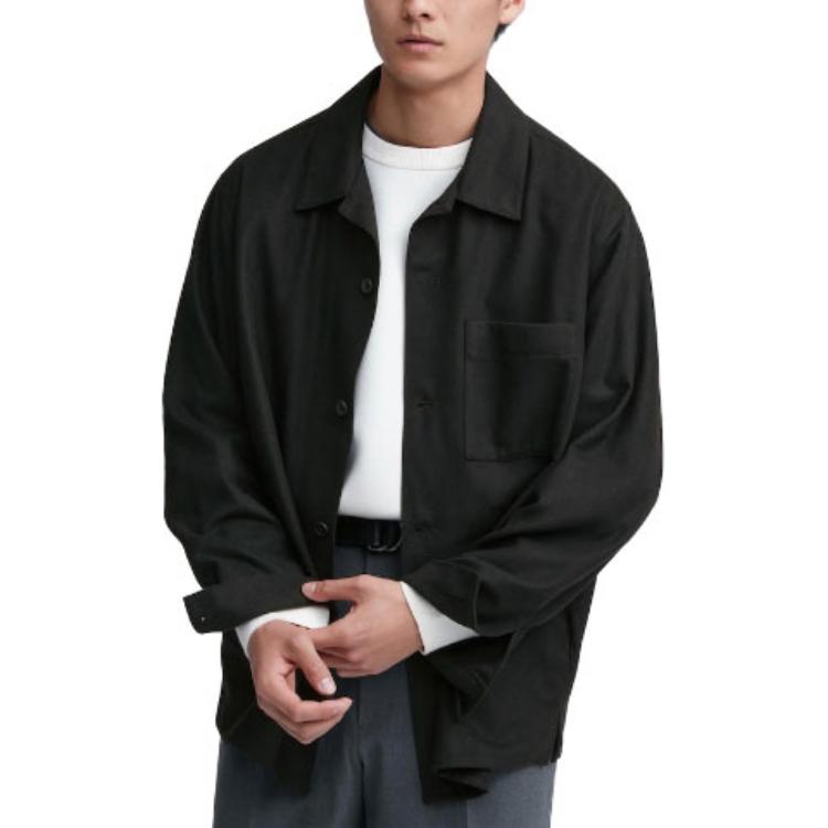 Uniqlo Однотонная рубашка с длинным рукавом, однобортная, свободного кроя, унисекс, черный 460691-09