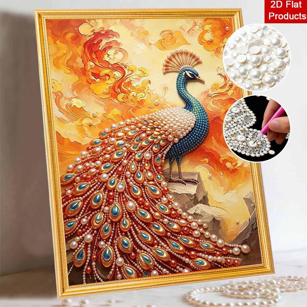 This pearl painting kit features 5D pearls and a peacock mosaic art style. designed for elegant home wall decoration.