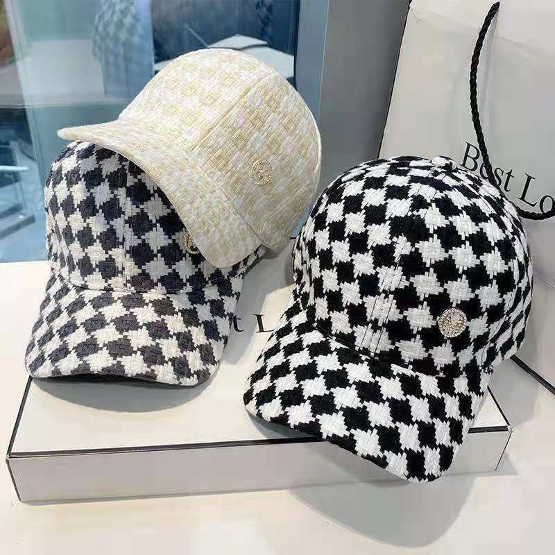 Hat Women's Spring and Autumn Rhinestones M Standard Baseball Cap Women's Ins Tide Cap Women's Plaid Fashion Trend Sun Protection Hat