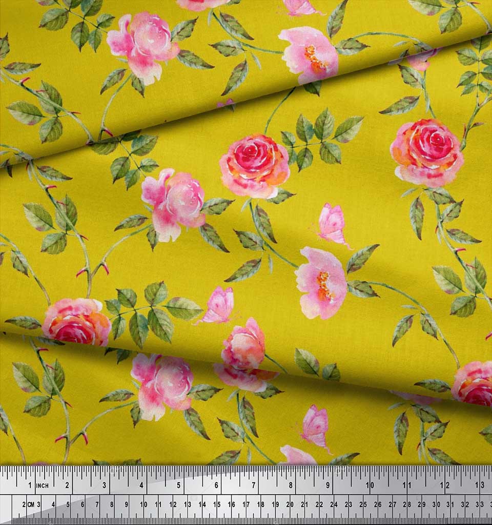 Soimoi Японская креп-сатиновая ткань с листьями, розами и пионами, ткань с цветочным принтом по метрам, 42 дюйма