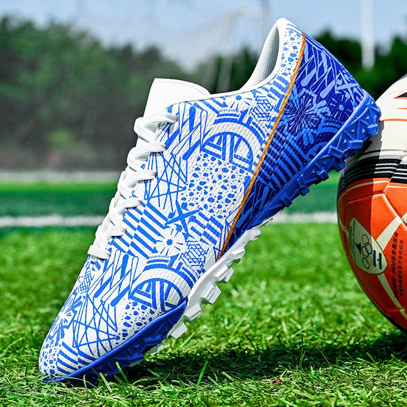 Мужские/женские синие и белые футбольные бутсы на резиновой мягкой подошве с короткими ногтями и искусственным покрытием, молодежные футбольные бутсы