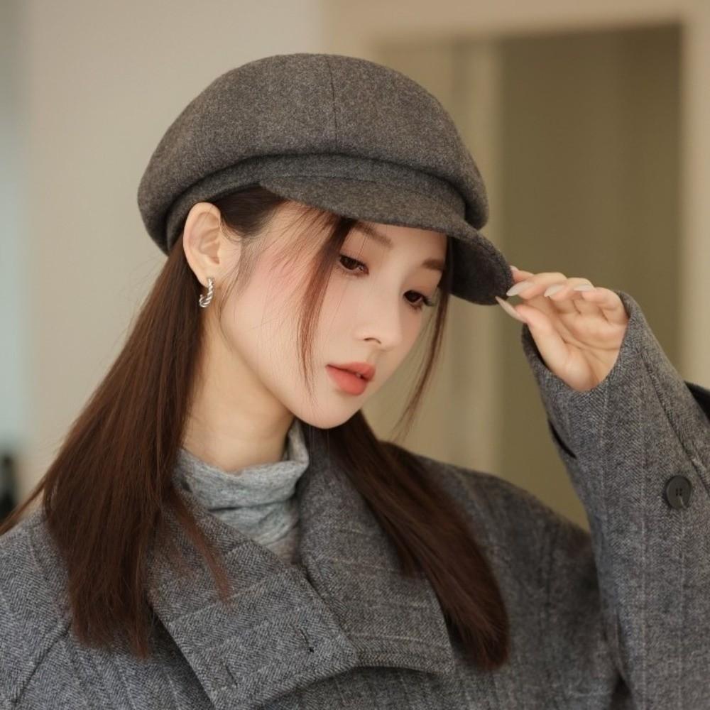 Wool Newsboy Hat Solid Color Octagonal Cap Casual Painter Hat  Female
