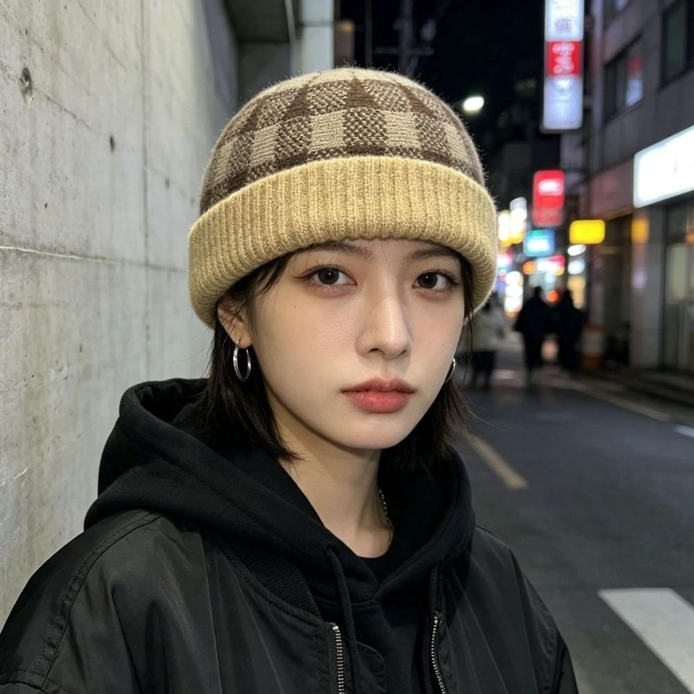 Brimless Melon Skin Hat Leopard Plaid Painter Hat Retro Knitted Beanies Cap  Women