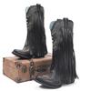 2025 New Women's Leather Rivet Fringed Mid-calf Boots Women's Embroidery Thick High Heels Western Fashion Boots Botas Para Mujer