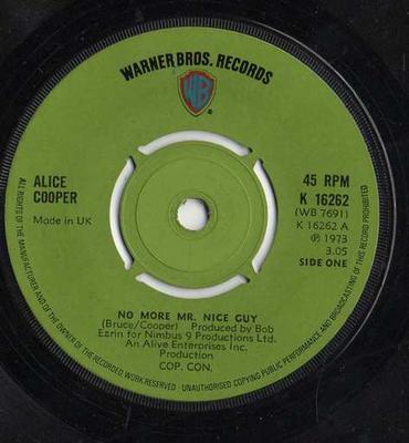 7-дюймовая пластинка ALICE COOPER - No More Mr. Хороший парень K16262 Warner Bros. Re 1973 UK Рок Б/У