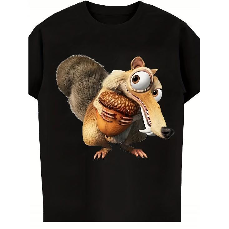 Age Scrat Squirrel Graphic T-Shirt- Fun Cartoon Design with Words I'not a Dinosaur Printed on It. Black Casual Crew Neck T-shirt, Suitable All