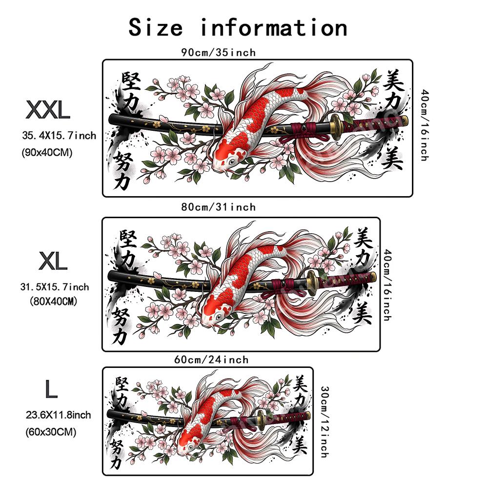 Koi Fish Sakura Katana Mouse Pad Large Computer Office Game Table Mat Rubber Anti-slip Stitched Keyboard Mat 90x40 XXL Desk Pads