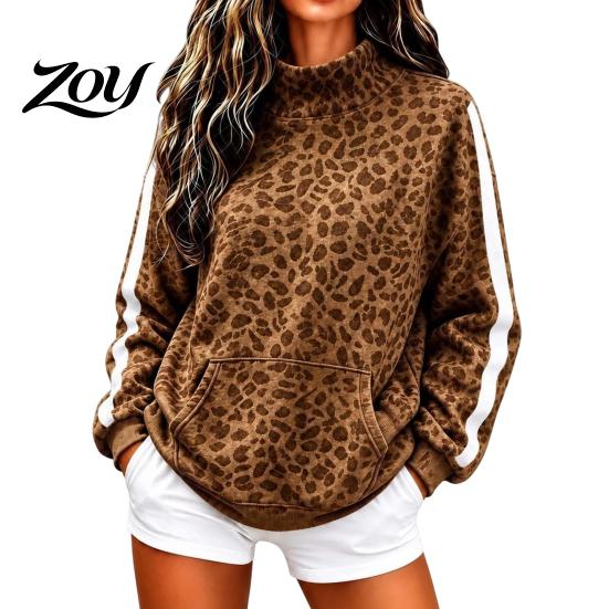 Fashionable Graphic Sweatshirt Women Leopard Print Sweatshirt, Loose Fit Pullover with Kangaroo Pocket, Long for Sleeve Mock Neck Casual Top