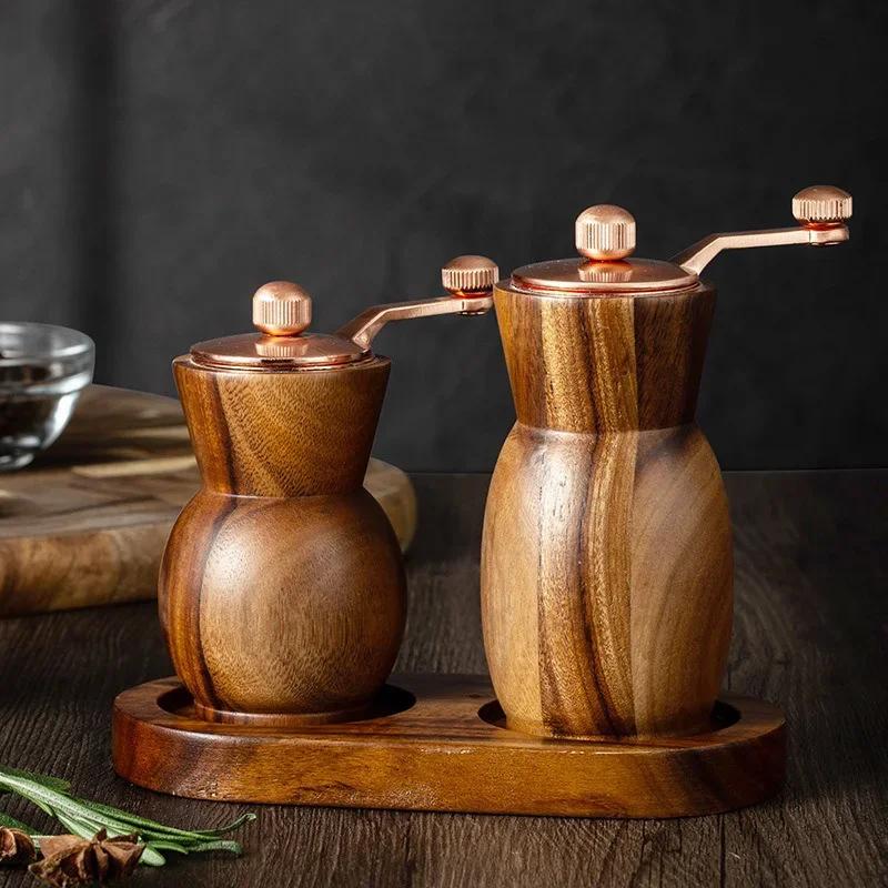 Hand Acacia Wood Pepper Grinder Set Vase Shape Black Pepper Grinder with Base Adjustable Ceramic Core Salt Shaker Grinding Tools