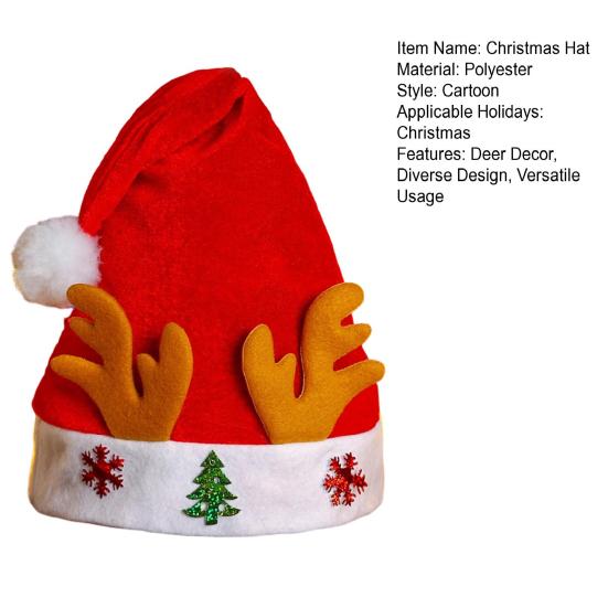 Christmas Hat Children Red Velvet Santa Hat with Cartoon Antler Pattern Decoration Festive Holiday Party Supplies