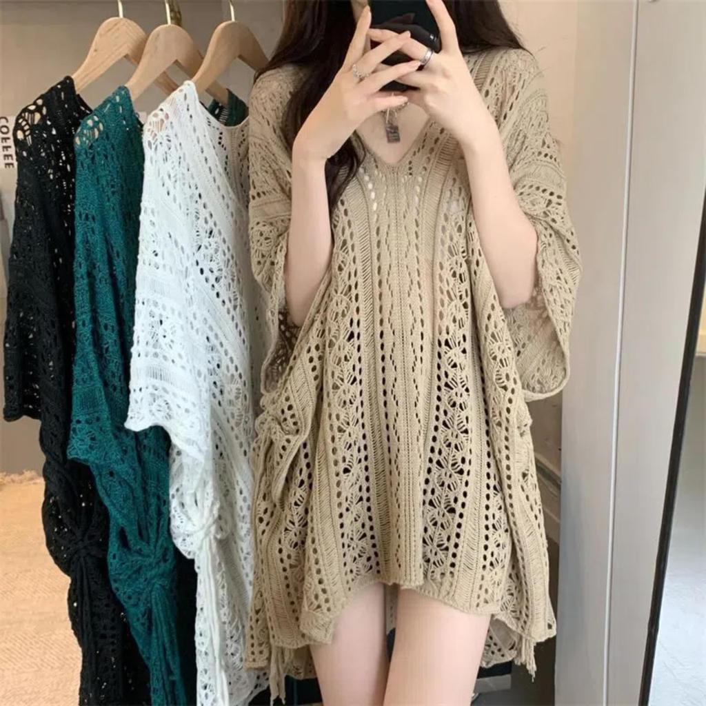 Tops Summer Summer Sweater Knit Short Sleeve Openwork Summer Clothes Summer Knit Rib Knit Short Sleeve Pretty Long Sleeve Knit Cardigan Outerwear