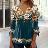 Women Spring Autumn V-neck Buttons Half Placket Blouse 3/4 Sleeves Loose Hem 3D Flower Print Pullover T-Shirt Top Streetwear