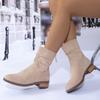 Fashion Autumn Womens Solid Pleated Ankle Boots Fashion Faux Suede Square Heel Boots Ladies Round Toe Back Zipper Office Shoes Boats