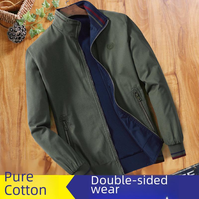 Мужская двухсторонняя хлопковая куртка на весну и осень - воротник-стойка, повседневный стиль