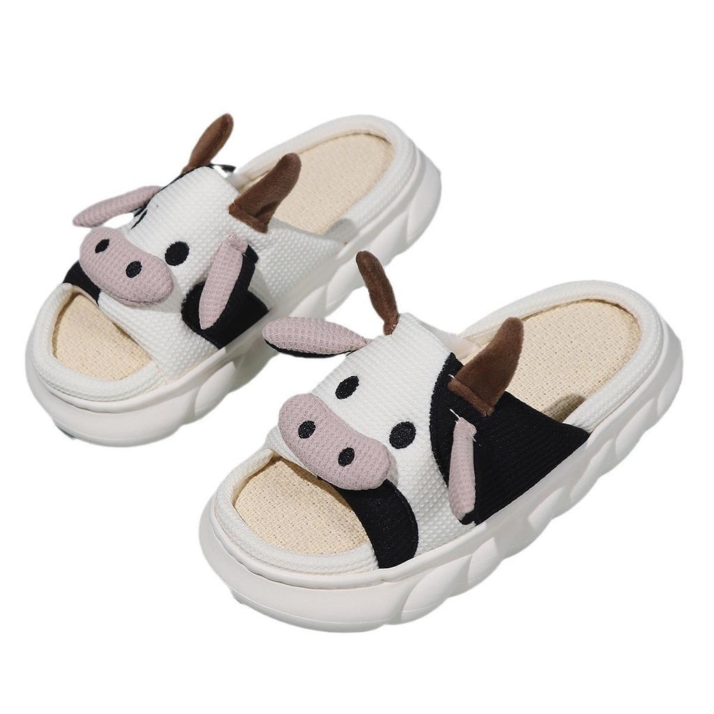 Fashion Men Slippers Cute Cartoon Cow Unisex Linen Slippers Spring Summer Slides Mule Men Women Couples Home Shoes Non-slip Flip Flops