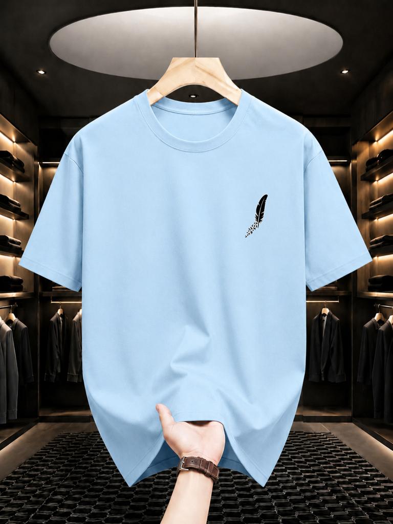 2026 New 100 Cotton Tee Minimal Left Chest Feather Small Graphic Casual Short Sleeve