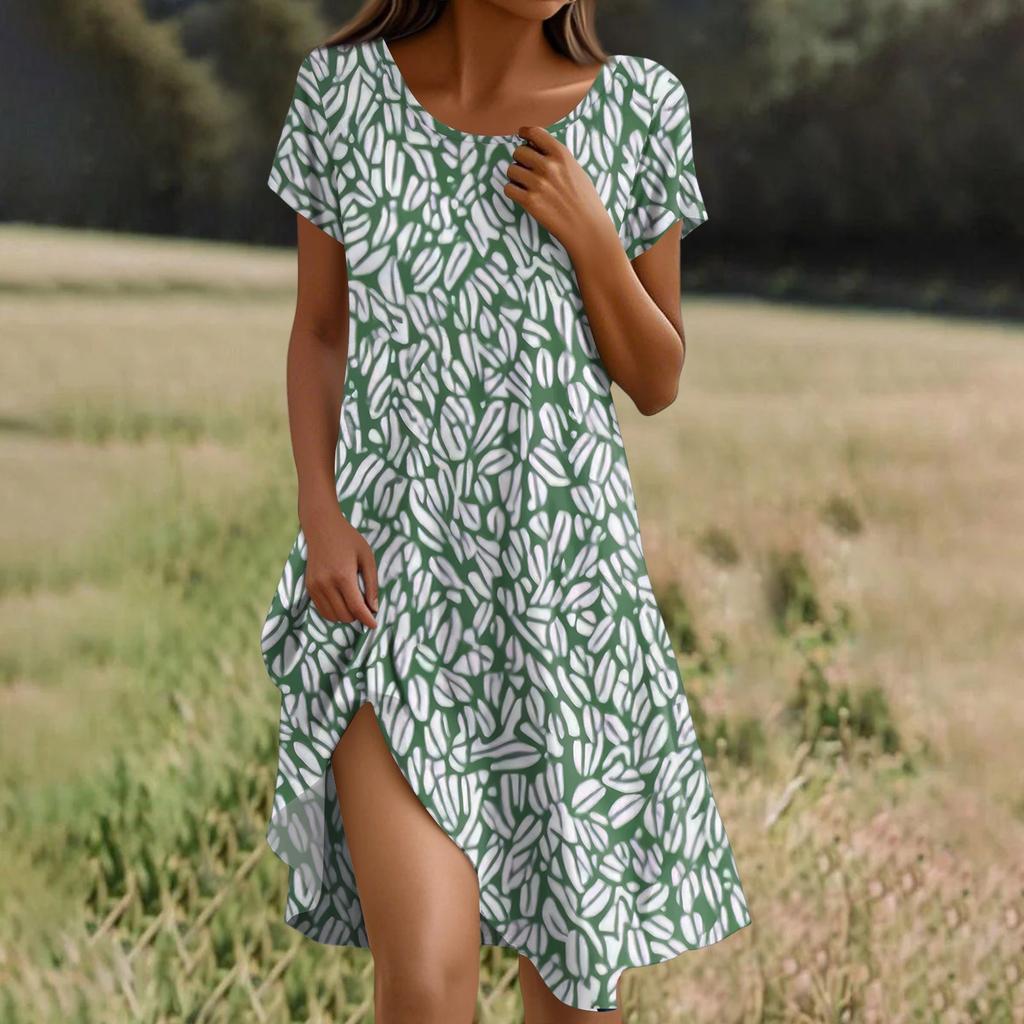 Short Sleeve Boho Dress For Women Casual Loose Fit Summer Sundress Floral Print Dress With Pockets