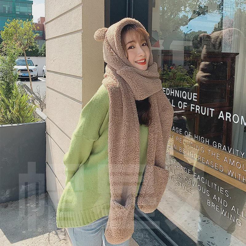 Комплект шапок и шарфа в стиле Дженни с медведем: Женский теплый плюшевый осенне-зимний галстук для студентов