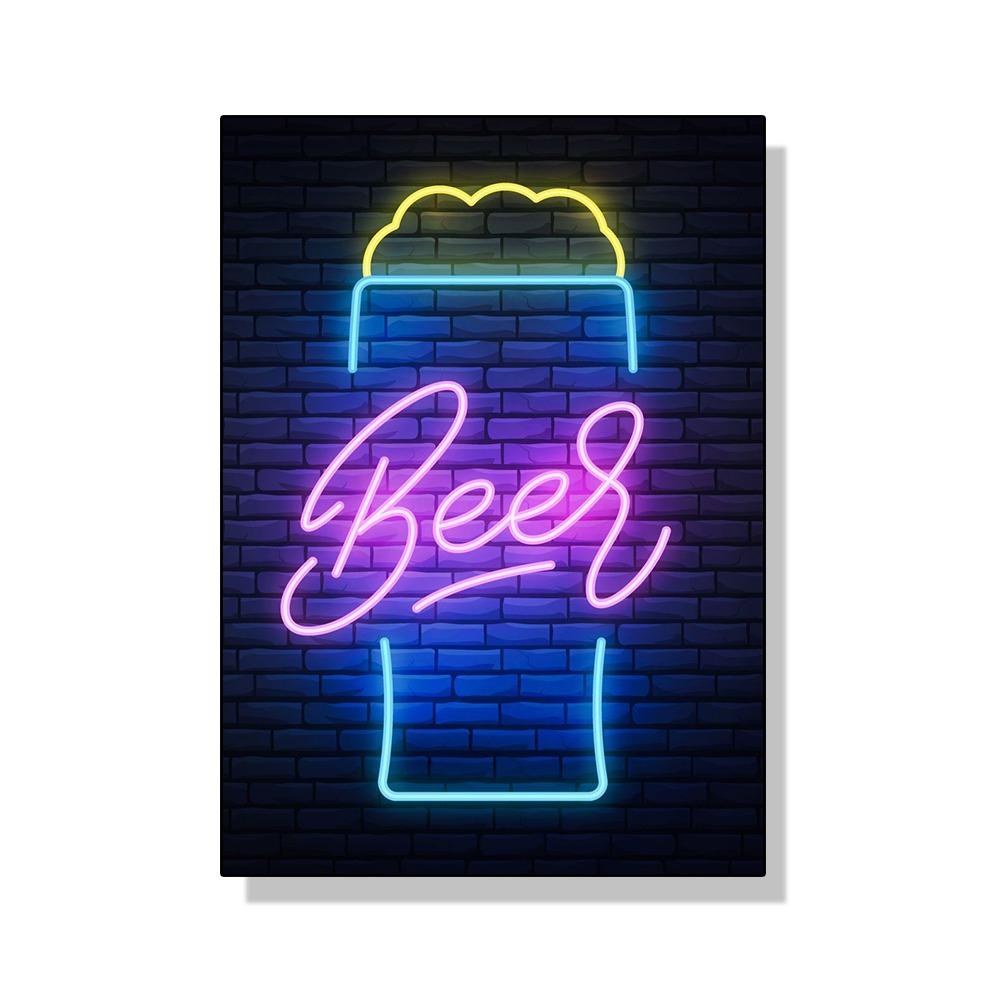 Неоновый эффект Пиво Happy Hour Паб Плакат Печать Холст Картина Настенная картина Для Бара Гостиная Домашнее украшение БЕЗ СВЕТОДИОДОВ