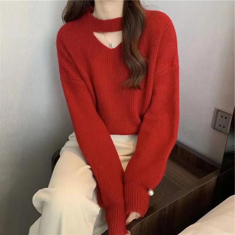 Женский вязаный свитер в западном стиле с открытой ключицей, свитер с темпераментом, корейский свитер, пуловер, женский