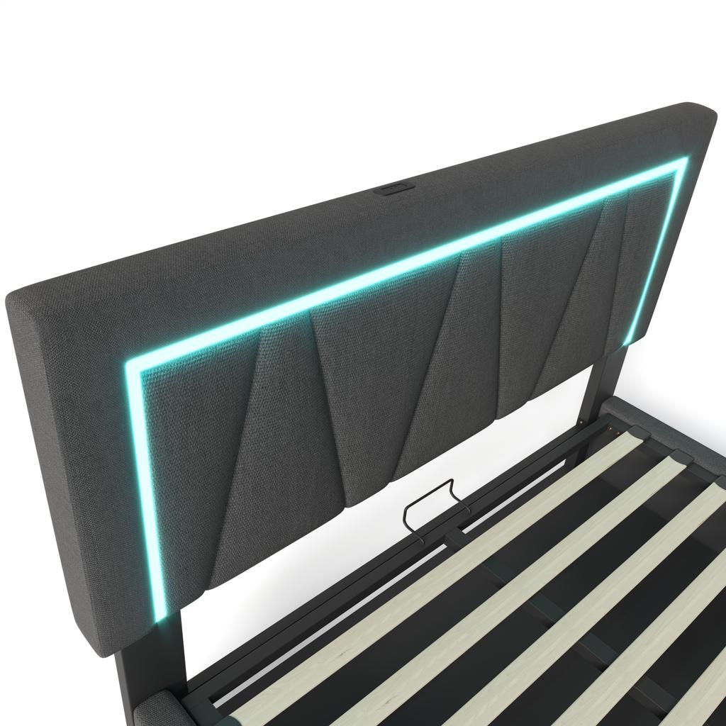 (=AB20434142G)Upholstered LED Double Bed with USB Type C Charging and Lighting, Linen Storage Bed Frame, 160x200 with Slatted Frame (without Mattress)