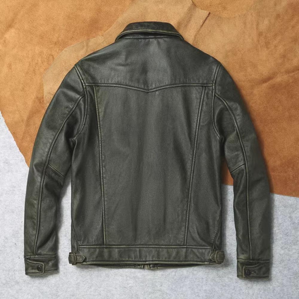 Китайский размер, винтажная оливково-зеленая натуральная воловья мужская кожаная куртка, осеннее пальто с отложным воротником из натуральной кожи