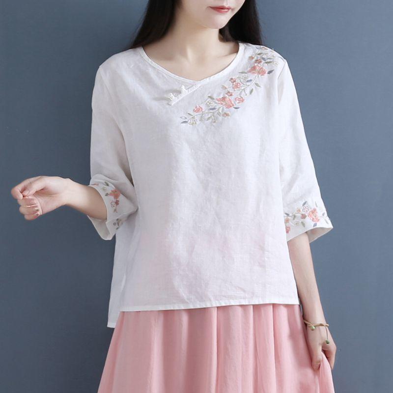 Литературная художественная маленькая свежая свободная круглая горловина хлопковая льняная однотонная футболка для женщин с рукавами три четверти весна-лето короткие футболки