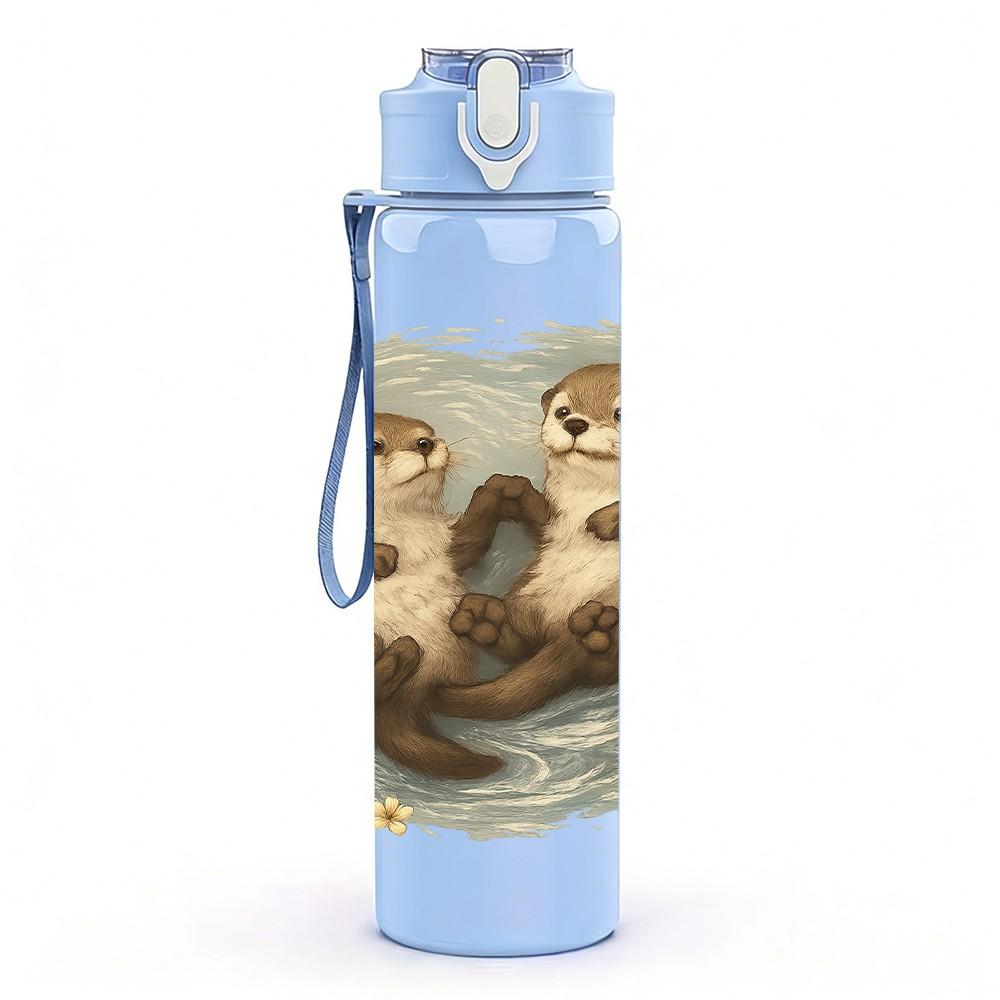 1PC Twin Hugging Otters 750ml Color Plastic Sports Water Bottle Leakproof Flip Straw Lid Suitable for Sports Office Home Use