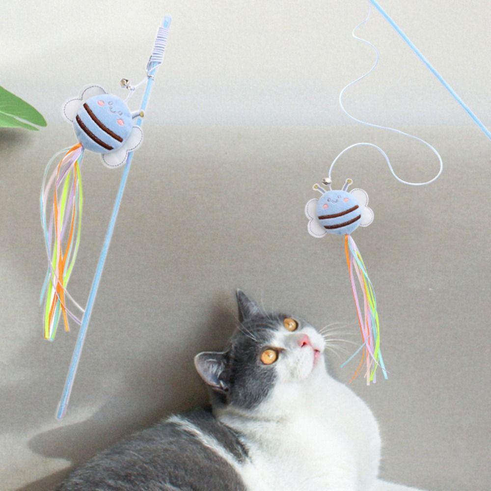 Colorful Cat Teaser Wand Plush Bee Cat Wand Interactive Toy Kitten Teasing Stick For Cats Kitten