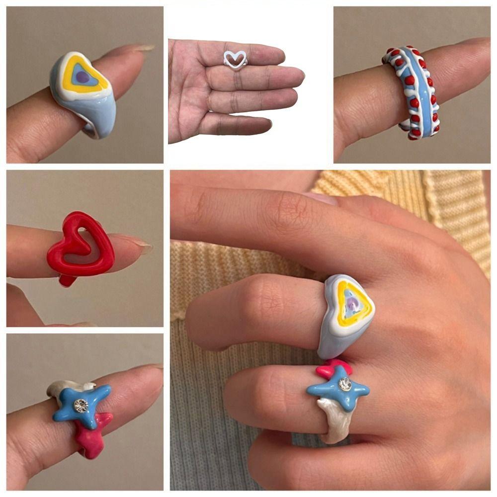 Chunky Jewelry Enamel Heart Ring Y2K Geometric Ring Unique Finger Buckle Men