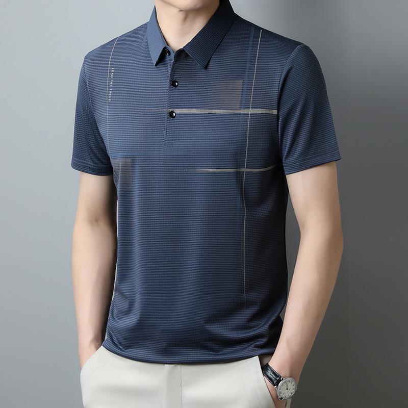 Мужская полосатая рубашка поло с коротким рукавом, тонкий деловой повседневный лацкан, средняя футболка