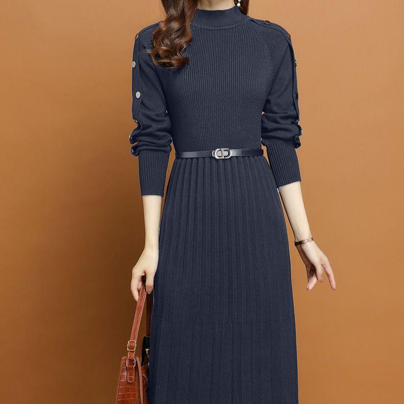 Осенне-зимние платья-поддевы Женское трикотажное платье средней длины с длинным рукавом Базовое повседневное платье-свитер Пуловер