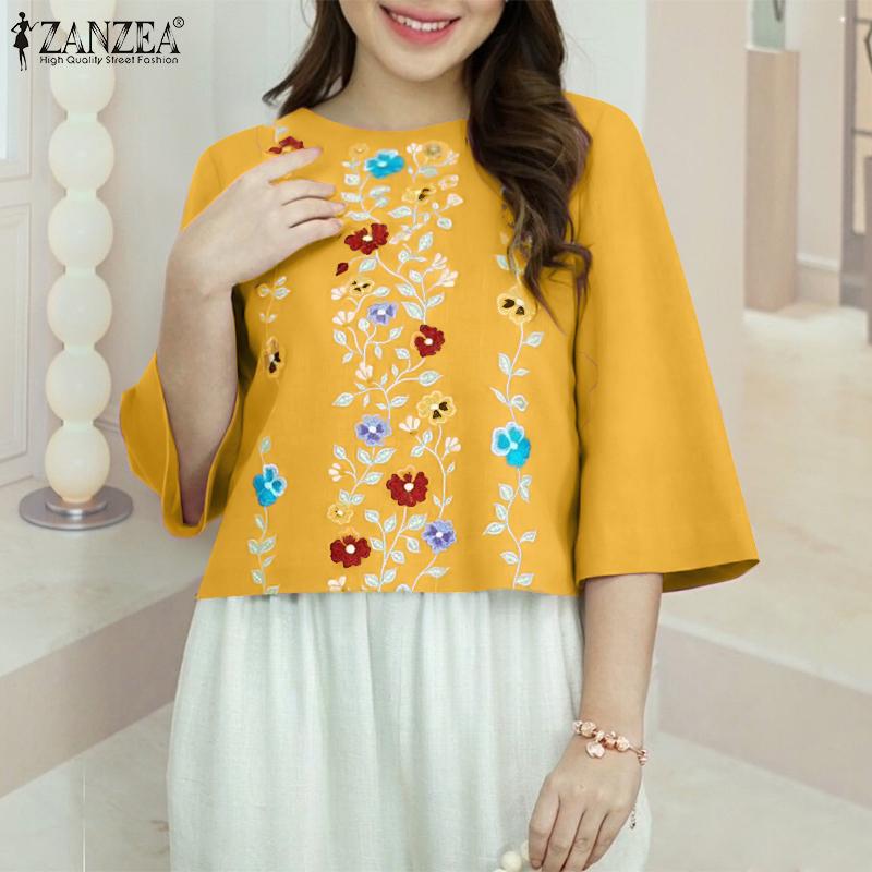 ZANZEA Женская повседневная блузка с круглым вырезом и рукавом 3/4 с цветочным принтом
