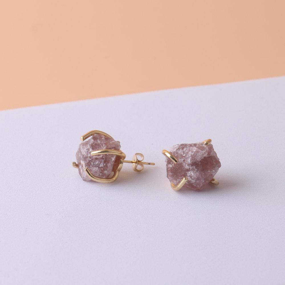 Серьги из натуральных драгоценных камней для женщин - Позолоченные 18 карат сырым аметистом и розовым кварцем, серьги-гвоздики с кристаллами для исцеления