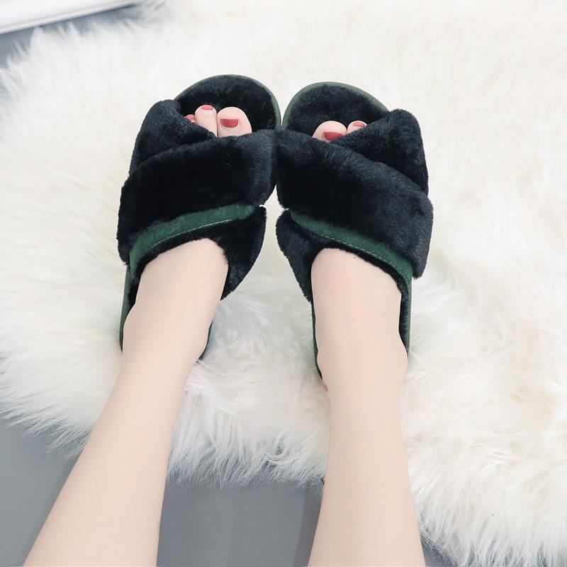 Women Autumn Winter The New Korean Version of The Cross-haired Slippers Indoor Plush Floor Drag Open-toed One-word Slippers