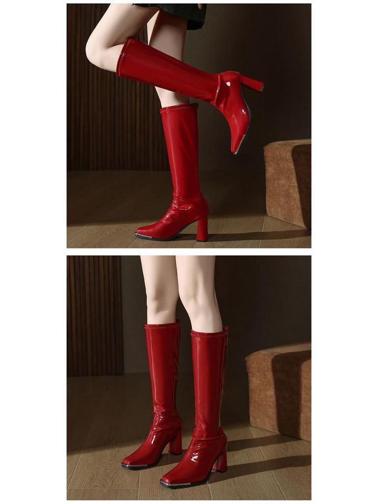 Women's Red Patent Leather Chunky Heel Boots - Autumn/Winter 2025 Collection, Metal Anti-Collision Square Toe, Elastic, Sexy Long Design.