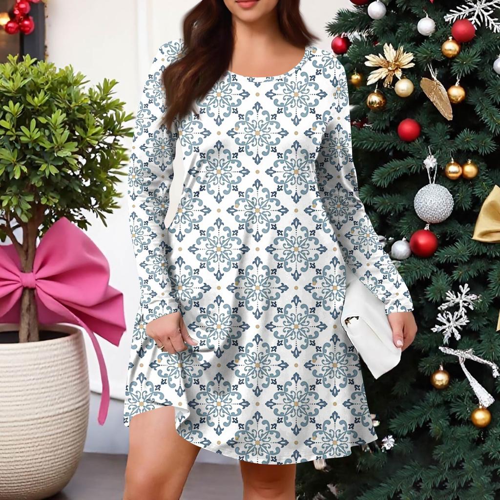 Plus Size Women's Gradient Print Casual Spring/Autumn Pocket Round Neck Long Sleeve Dress