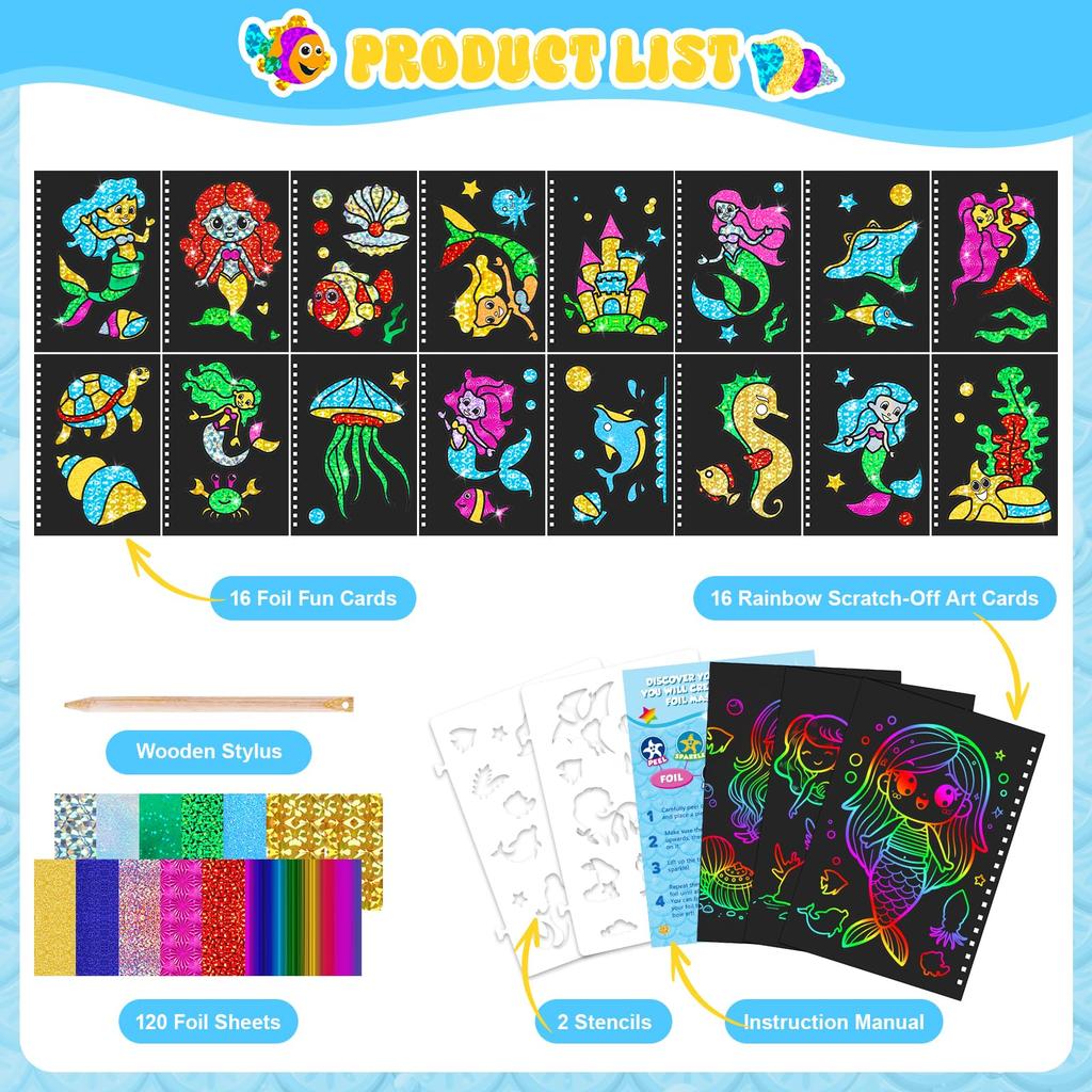 Mermaid Foil Fun Sticker Book and Scratch Art Paper for Kids, DIY Art & Craft Activity Kit for Girls, No Mess Travel Toys
