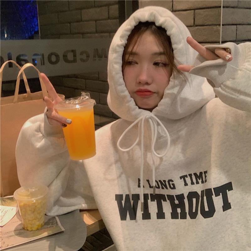 Women's Korean Style Loose Letter Tops for Spring, Autumn and Winter Plus Velvet Hooded Sweatshirt